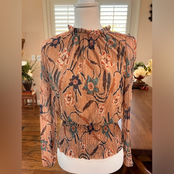 Joie Blouse Top Gold Shimmer Ruffles Sz S Floral Romantic Flirty Coquettish - Picture 1 of 9